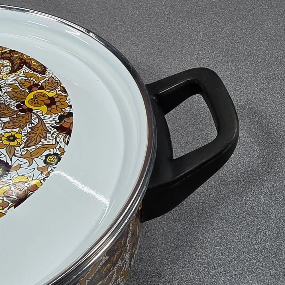 Vintage Fancipans‎ Enamelware Stockpot Set 2pc Brown Gold Paisley Floral 70s